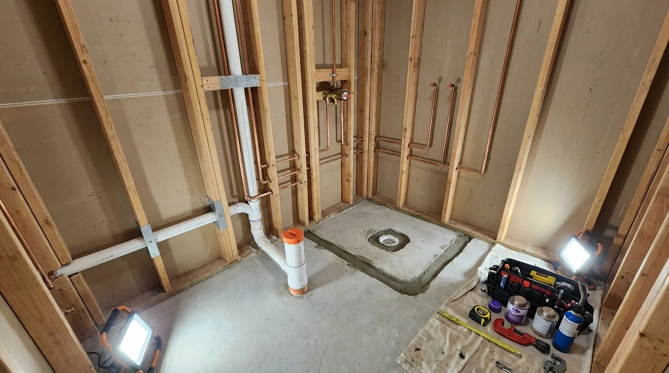 Bathroom rough-in plumbing during remodel by Johns Plumbing LLC in Point Roberts