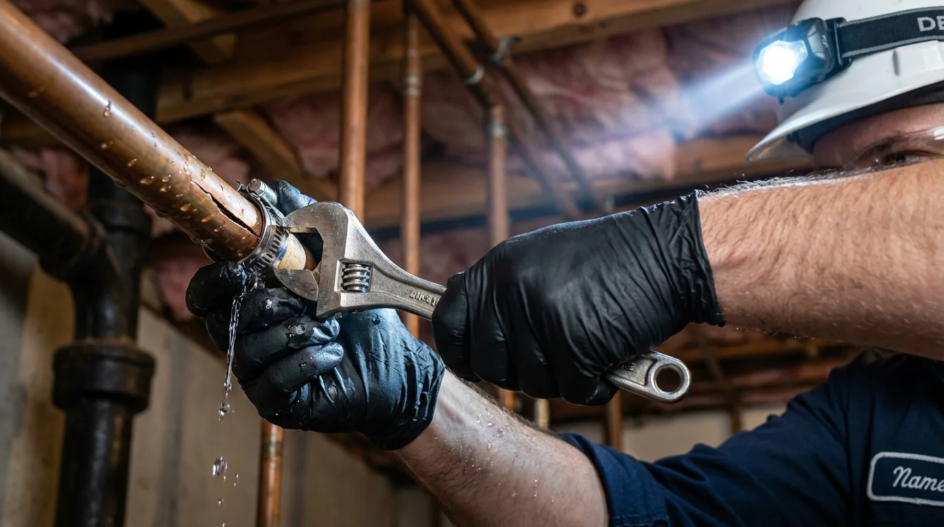 Emergency pipe clamp repair being performed by a Johns Plumbing LLC plumber in Point Roberts