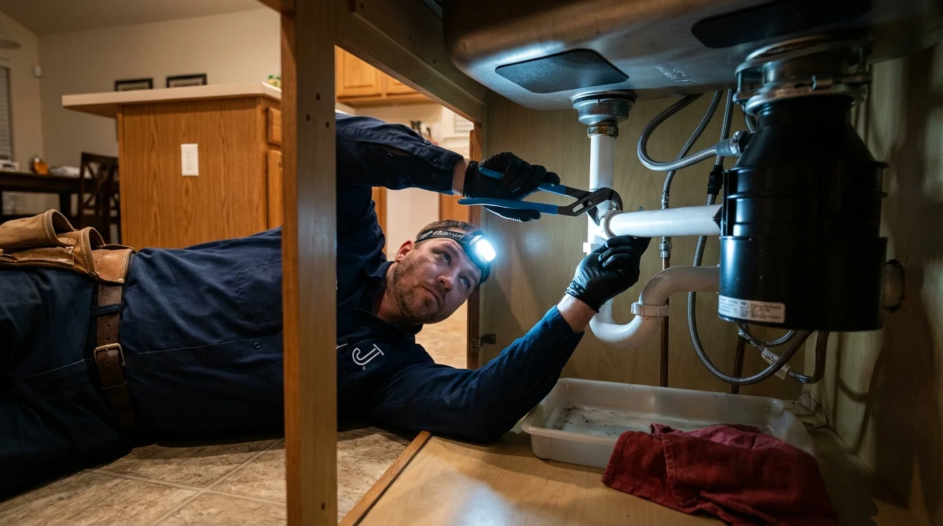 P-trap and supply line connections under a kitchen sink showing a common leak point in Point Roberts, WA